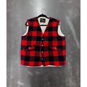 Cal Craft Mens Vintage Sherpa Lined Wool Vest M  Red Black Plaid Snap Button USA